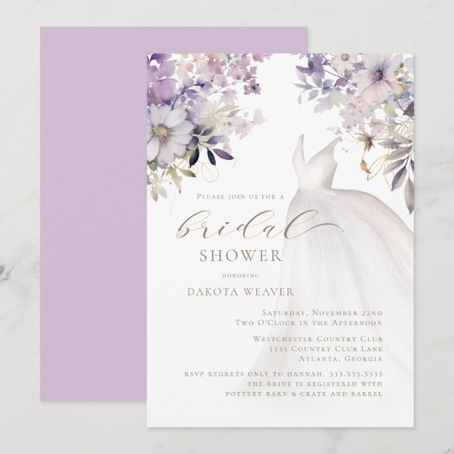 Invitation Robe de Mariée Fleurs Vertes Or Violet Enterrement (Devant / Derrière)