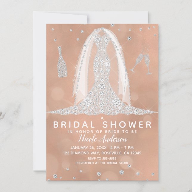 Invitation Robe de Mariée Glam Diamant Peach Shower de Mariag (Devant)