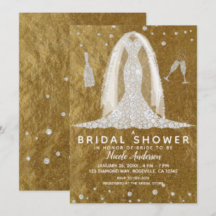 Invitation Robe de Mariée Glam Diamantée Dorée pour Mariage