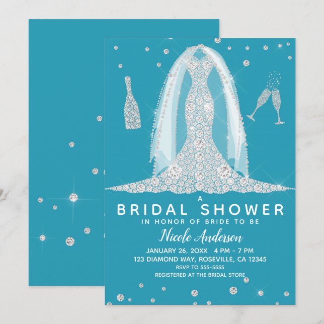 Invitation Robe de mariée Glam Diamond sarcelle Shower de mar (Devant / Derrière)
