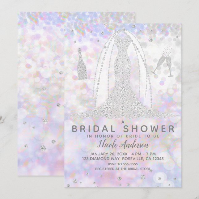 Invitation Robe de Mariée Iridescente Diamant Shower de Marié (Devant / Derrière)