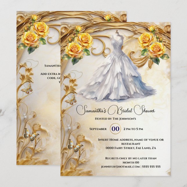 Invitation Robe de mariée jaune roses fleurs luxueuses (Devant / Derrière)