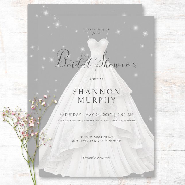 Invitation Robe de Mariée Moderne sur une Baby Shower de Mari (Modern Wedding Dress on Gray Sparkle Bridal Shower Invitation)