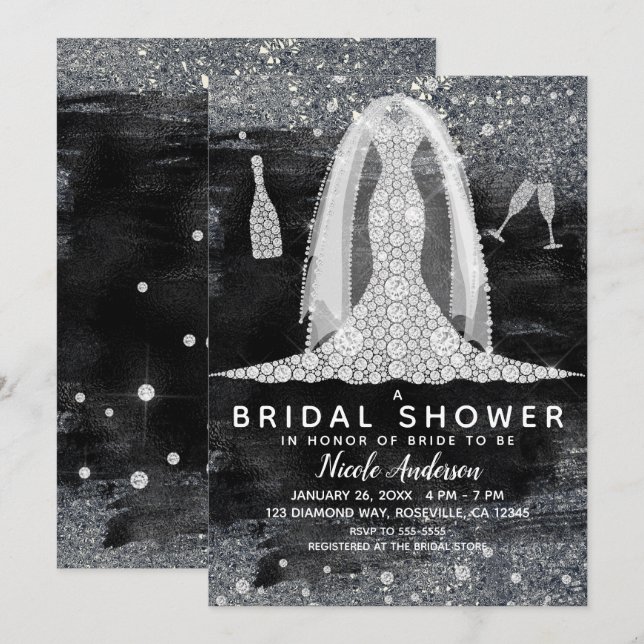 Invitation Robe de mariée noire argentée diamant Shower de ma (Devant / Derrière)