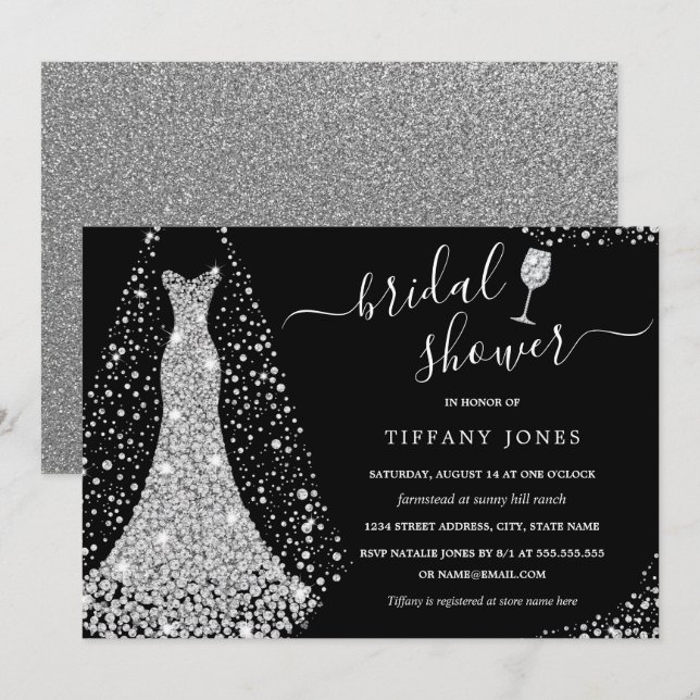 Invitation Robe de mariée noire argentée scintillante douche  (Devant / Derrière)