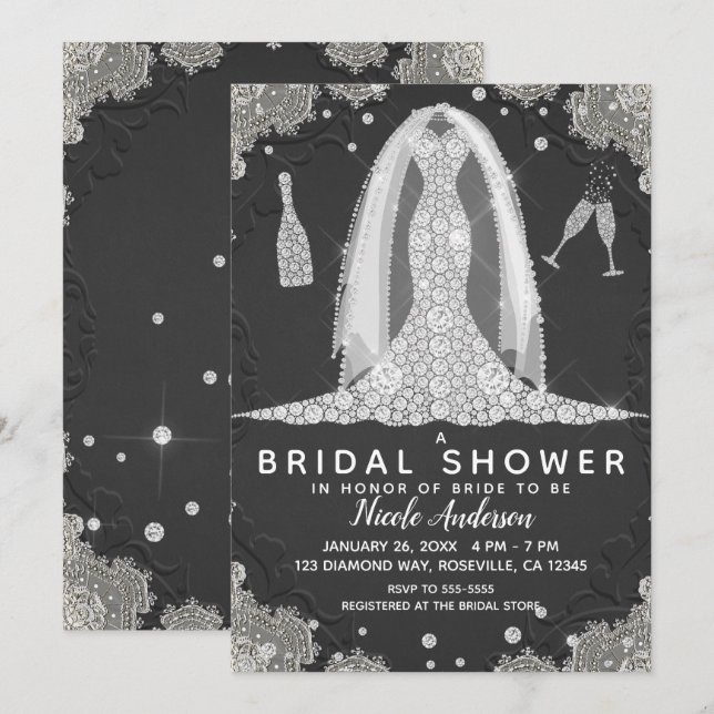 Invitation Robe de mariée noire et dentelle diamantée pour ma (Devant / Derrière)