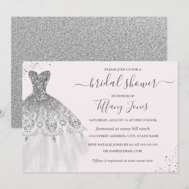 Invitation Robe de mariée pailletée argentée Fête de mariage  (Devant / Derrière)