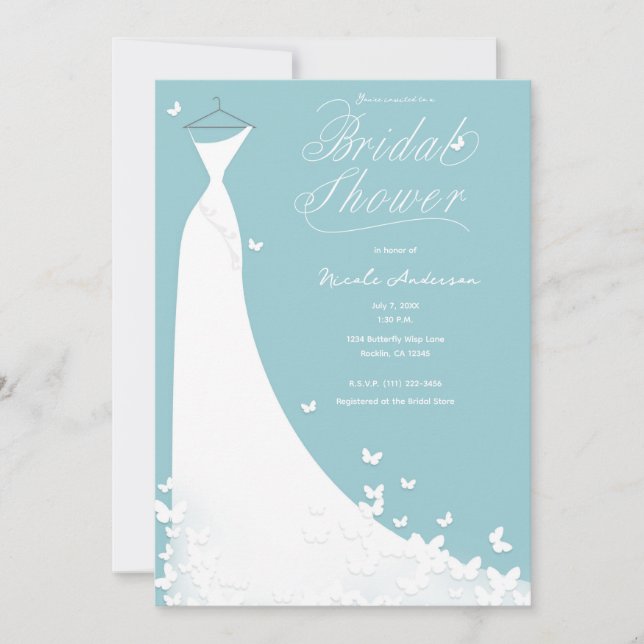 Invitation Robe de mariée papillon douche de mariage turquois (Devant)