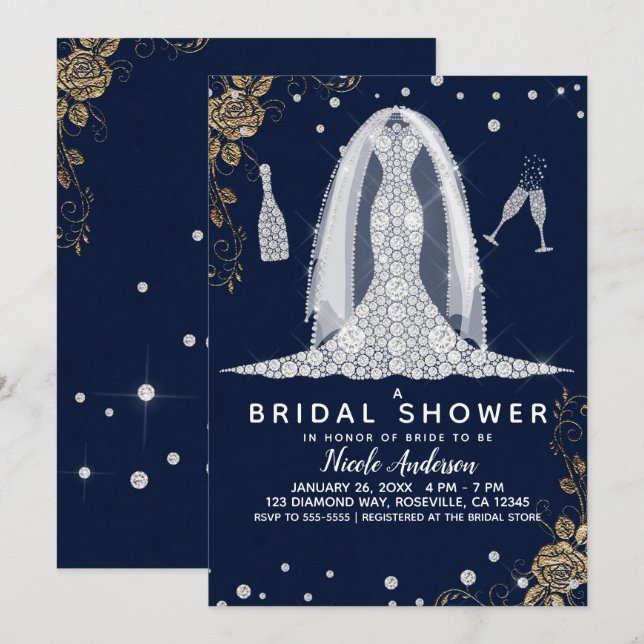 Invitation Robe de mariée Rose Diamant Or Mariage Enterrement (Devant / Derrière)