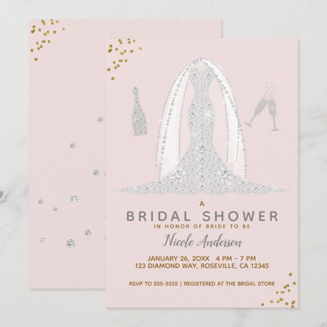 Invitation Robe de mariée rose et or pour enterrement de vie  (Devant / Derrière)