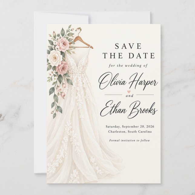 Invitation Robe de Mariée Rose Rose Save the Date (Devant)