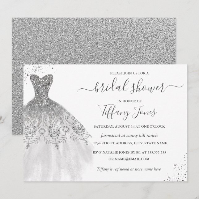 Invitation Robe de mariée scintillante blanche argentée pour  (Devant / Derrière)