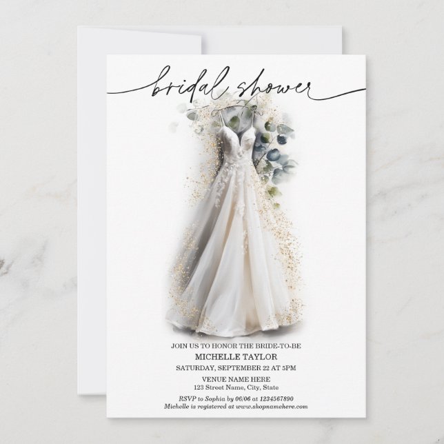 Invitation Robe de mariée simple et élégante en eucalyptus bl (Devant)