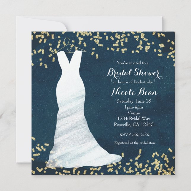 Invitation Robe de mariée sur cintre et confettis pour douche (Devant)