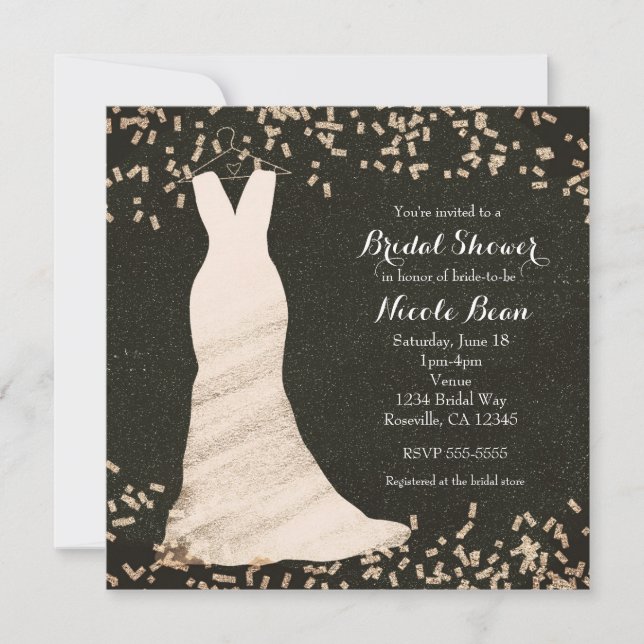 Invitation Robe de mariée sur cintre et confettis pour douche (Devant)