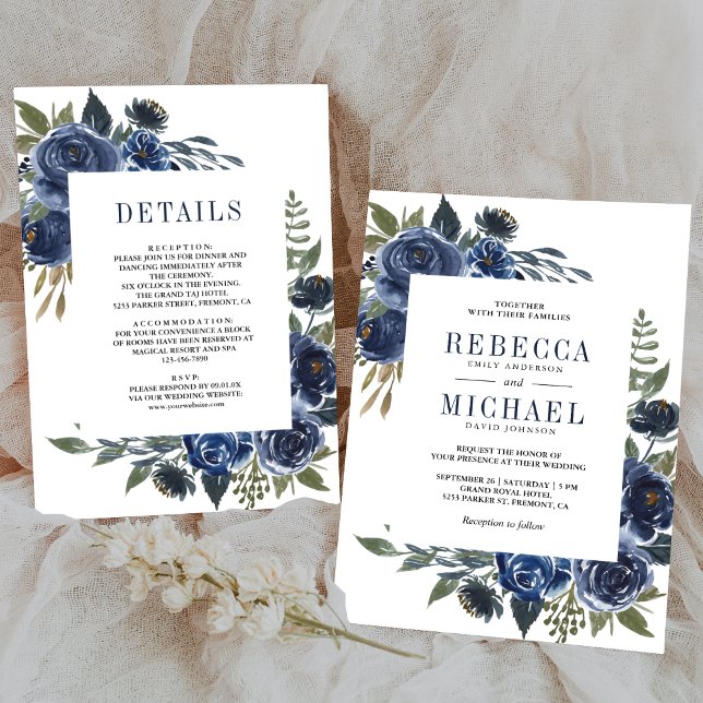 Invitation Robe de mariée une pièce aux fleurs rustiques bleu (Créateur téléchargé)