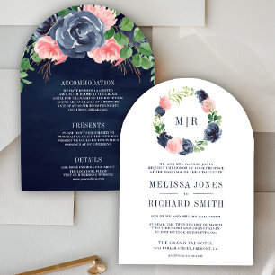 Invitation Robe de mariée une pièce bleu marine et rose poudr