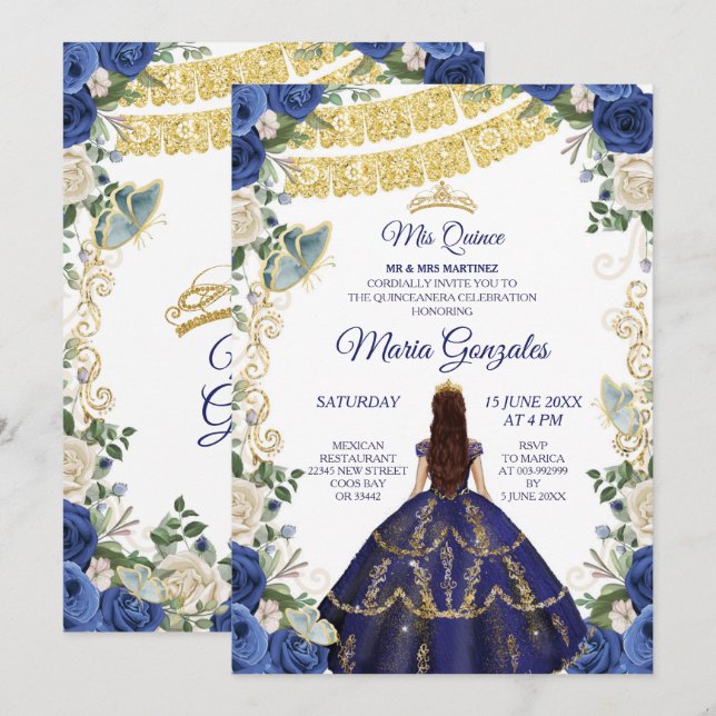 Invitation Robe de marine et Rose Mexicaine 15e anniversaire  (Devant / Derrière)