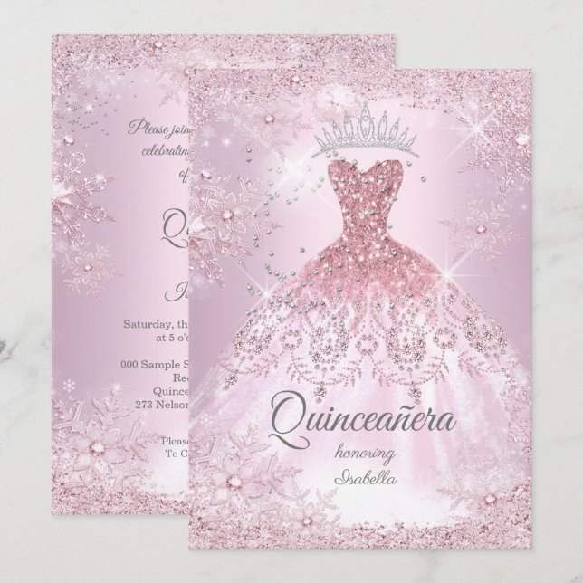 Invitation Robe de neige flocon de neige rose pâle pour Quinc (Devant / Derrière)
