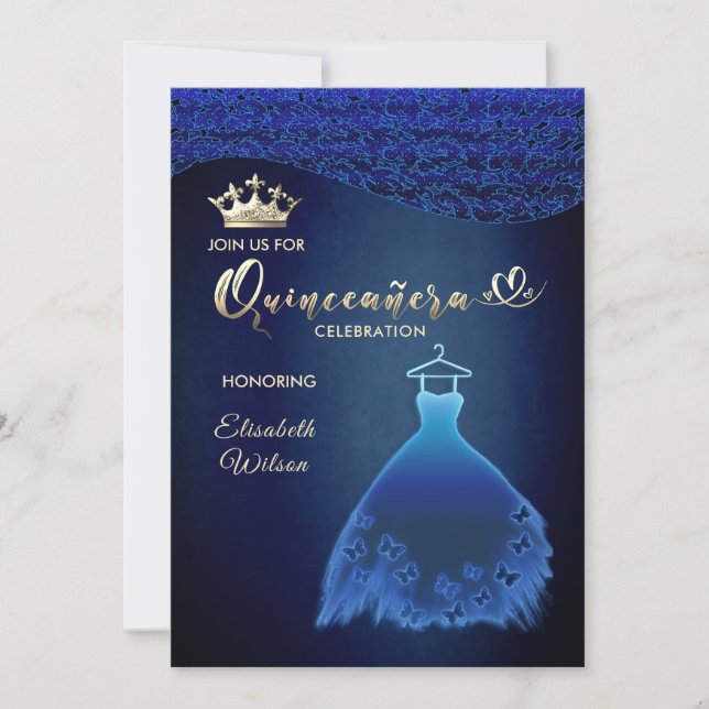 Invitation Robe de papillon bleu nuit damask tiara Quince (Devant)