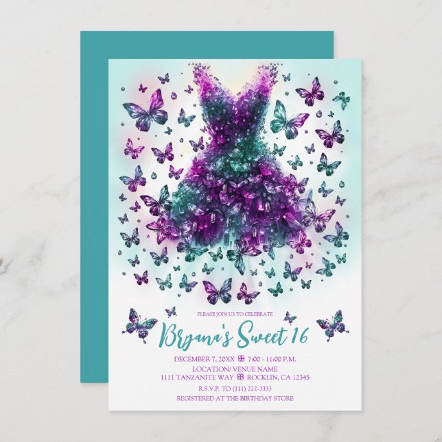 Invitation Robe de papillon Turquoise Alexandrite Juin Pierre (Devant / Derrière)