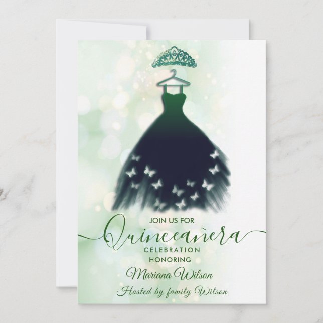 Invitation Robe de papillon vert bokeh moderne tiara Quince (Devant)