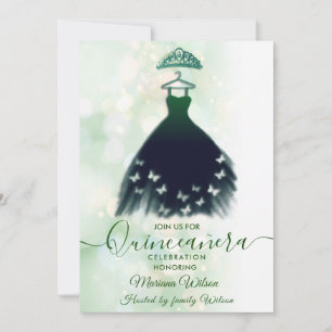Invitation Robe de papillon vert bokeh moderne tiara Quince