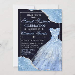 Invitation Robe de Parties scintillant bleu pâle et Sweet six