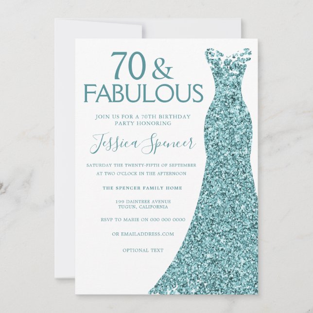 Invitation Robe de Parties scintillant bleu turquoise 70e ann (Devant)