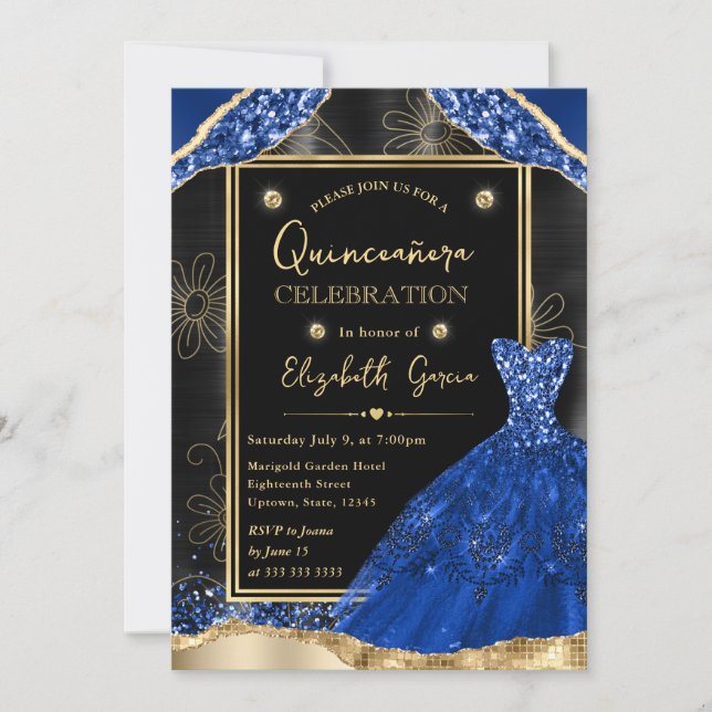 Invitation Robe de Parties scintillant bleue or et royale Qui (Devant)