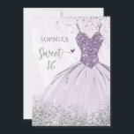 Invitation Robe de Parties scintillant d'argent violet sucré<br><div class="desc">Parties scintillant d'argent violet robe étincelante doux 16 Anniversaire Invitation</div>