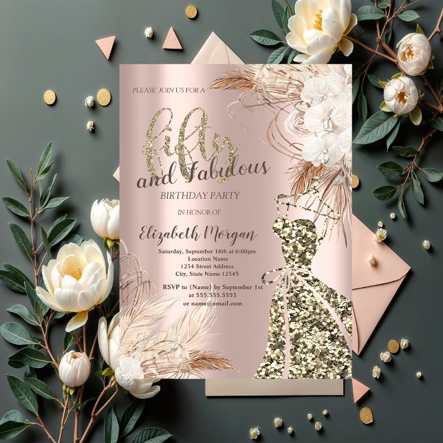 Invitation Robe de parties scintillant, Rose or Boho Flower 5 (Créateur téléchargé)