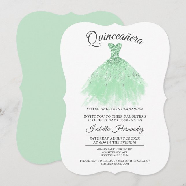 Invitation Robe de Parties scintillant verte Quinceanera Mis  (Devant / Derrière)