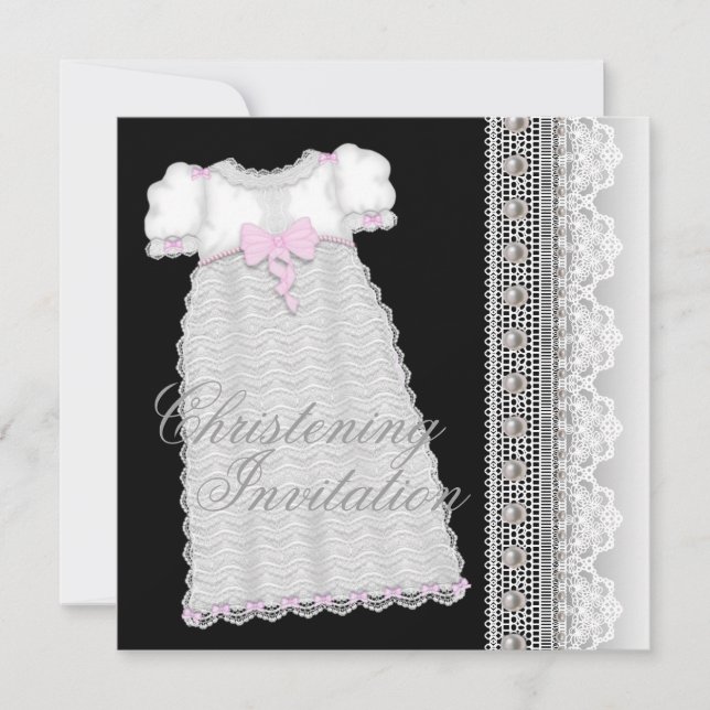 Invitation Robe de perles Bébé Fille Rose Noir Baptême (Devant)