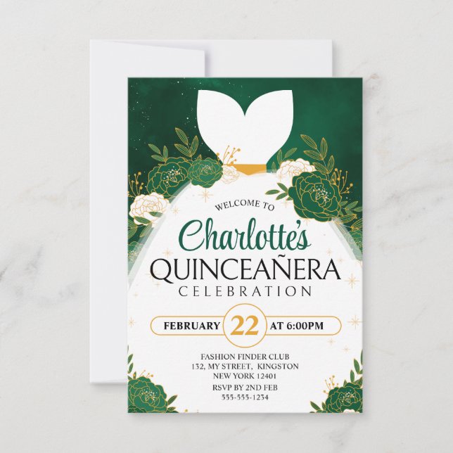 Invitation Robe de Princesse Blanche Émeraude Verte Quinceañe (Devant)