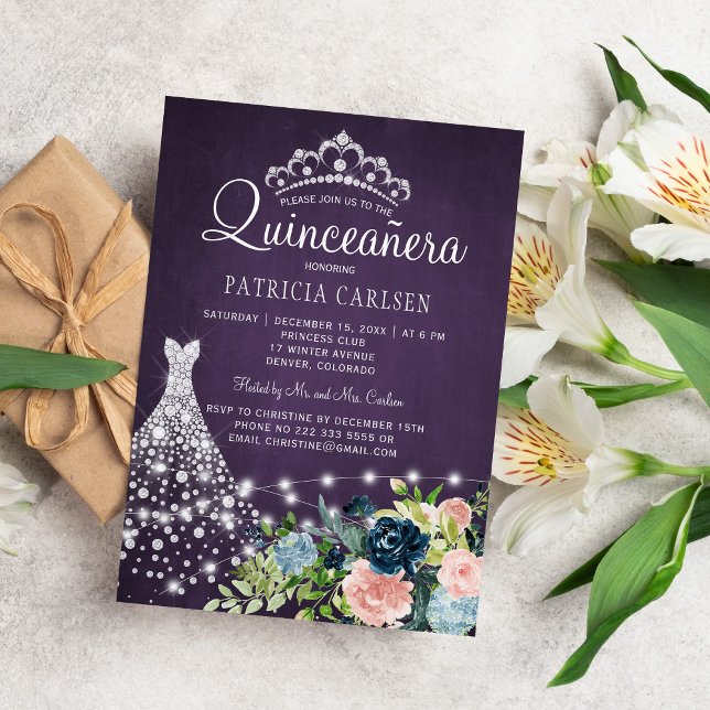 Invitation Robe de princesse diamant aquarelle chic quinceane (Créateur téléchargé)
