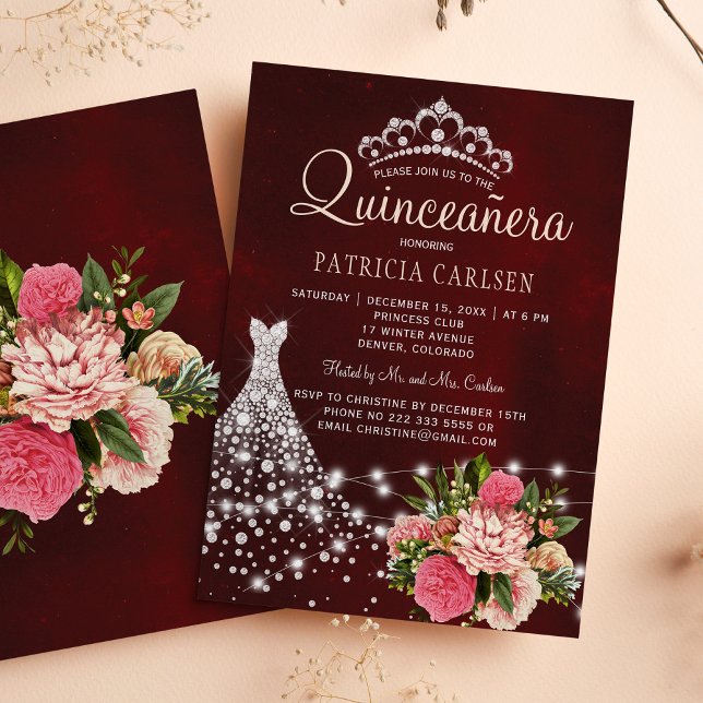 Invitation Robe de princesse diamant burgundy chic quinceaner (Créateur téléchargé)