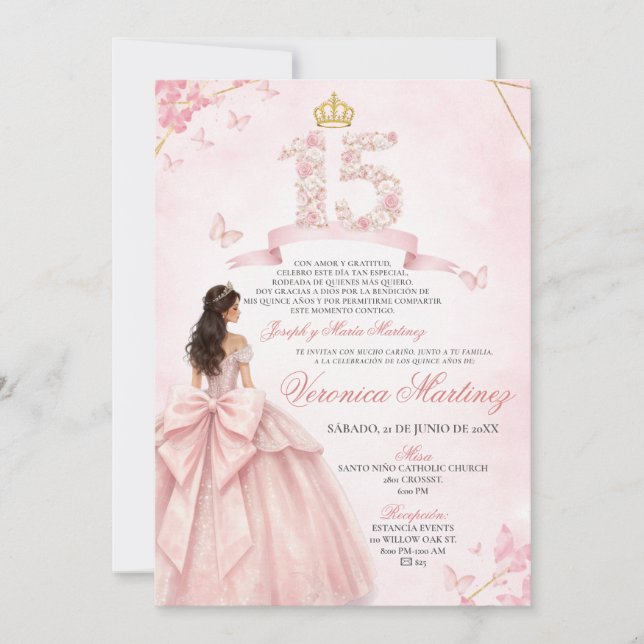 Invitation Robe de princesse espagnole florale rose 15 ans Qu (Devant)