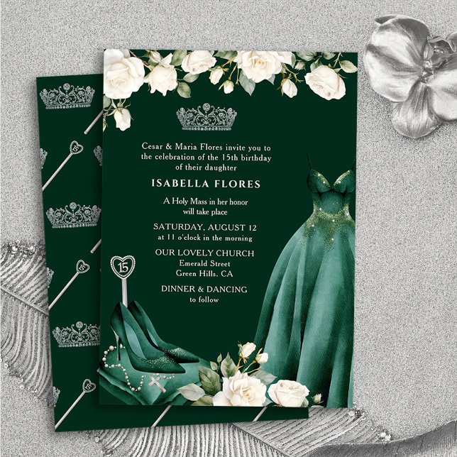 Invitation Robe de princesse et messe de Quinceanera verte Ro (Quinceanera Mass Invitation from Princess Dress and Roses Quinceanera Collection by Darling & May)