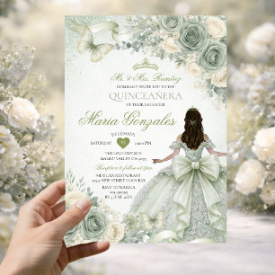 Invitation Robe de princesse florale à noeud vert sauge Quinc