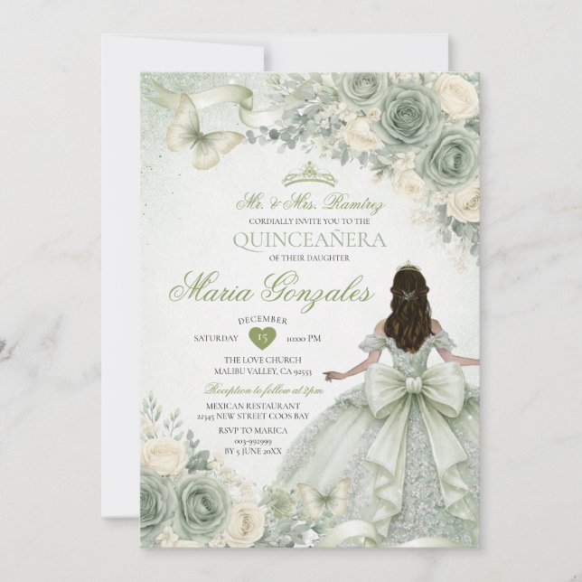 Invitation Robe de princesse florale à nœud vert sauge Quince (Devant)