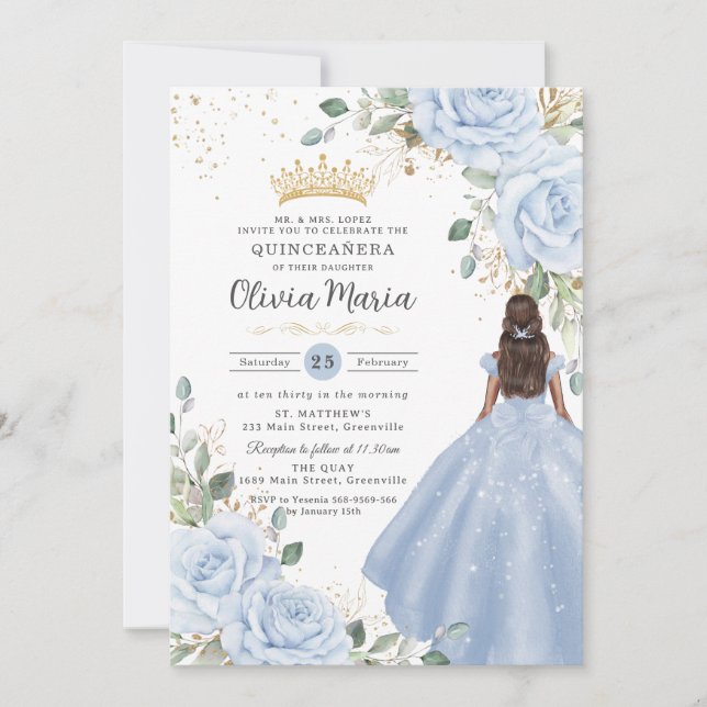 Invitation Robe de princesse florale bleu bébé pour Quinceañe (Devant)