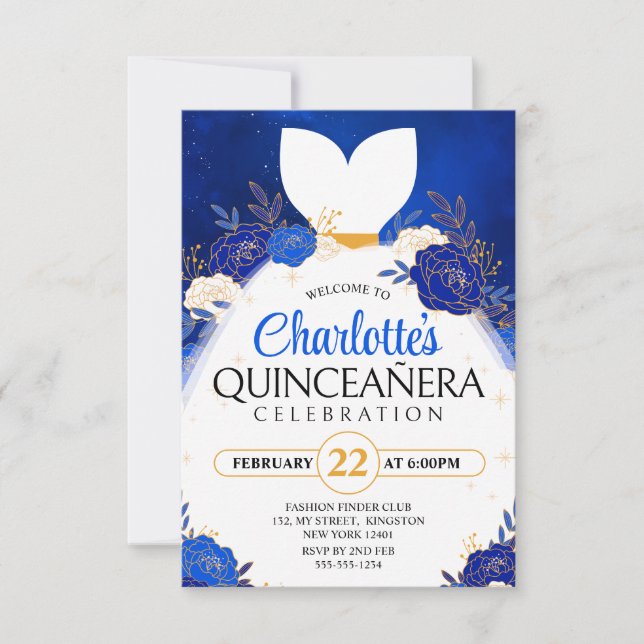 Invitation Robe de princesse florale de Quinceanera bleu roya (Devant)