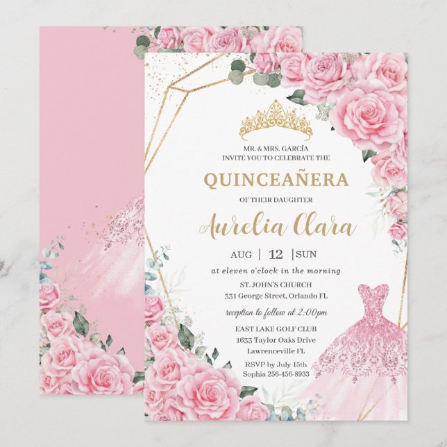 Invitation Robe de princesse florale en roses roses Quinceane (Devant / Derrière)