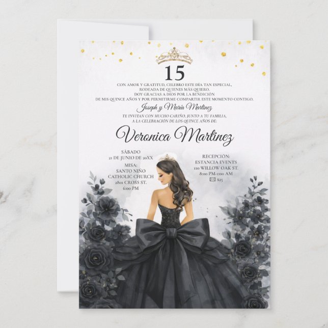 Invitation Robe de princesse florale noire espagnole Sweet 15 (Devant)