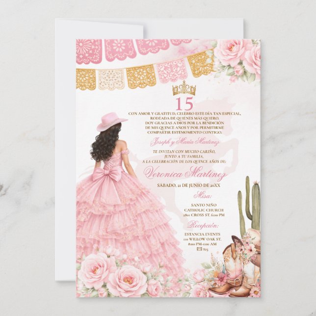 Invitation Robe de princesse florale rose espagnole Sweet 15  (Devant)