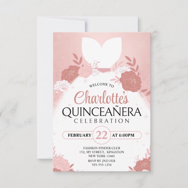 Invitation Robe de princesse florale Rose Gold pour Quinceane (Devant)