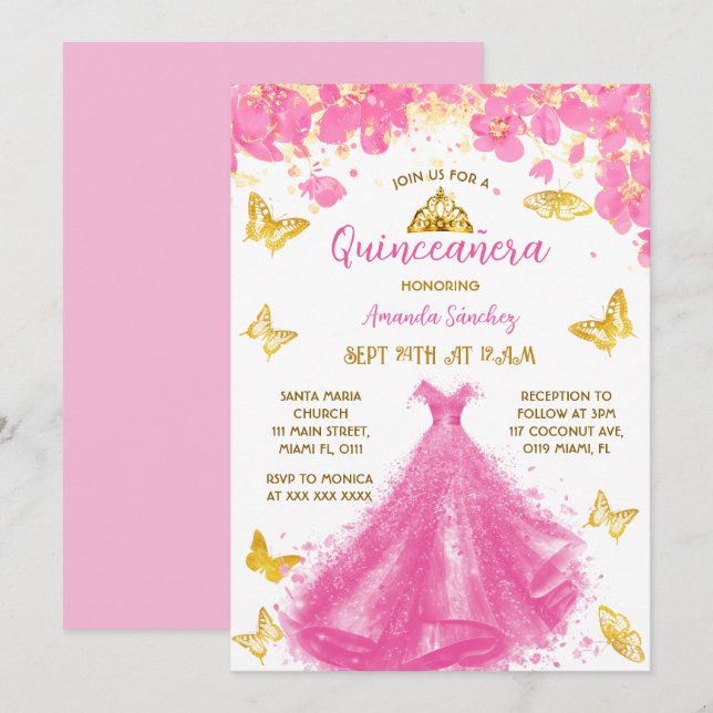 Invitation Robe de princesse florale rose pour Quinceanera &  (Devant / Derrière)