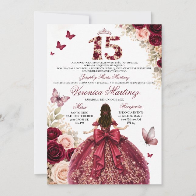 Invitation Robe de princesse florale rouge burgundy espagnole (Devant)