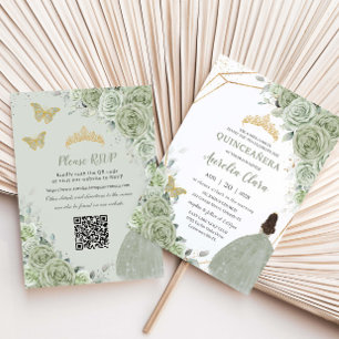 Invitation Robe de princesse florale vert sauge pour Quinceañ